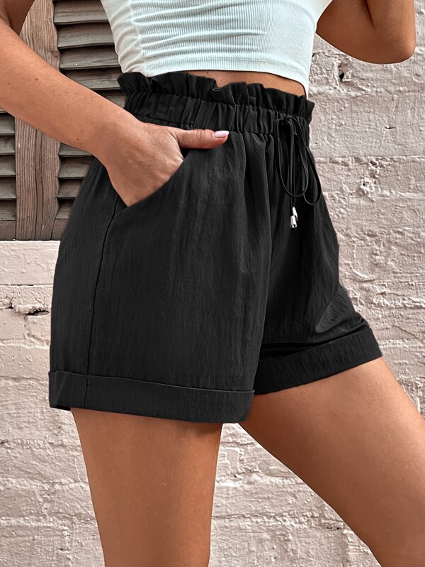 Frenchy Rolled Hem Paperbag Waist Shorts
