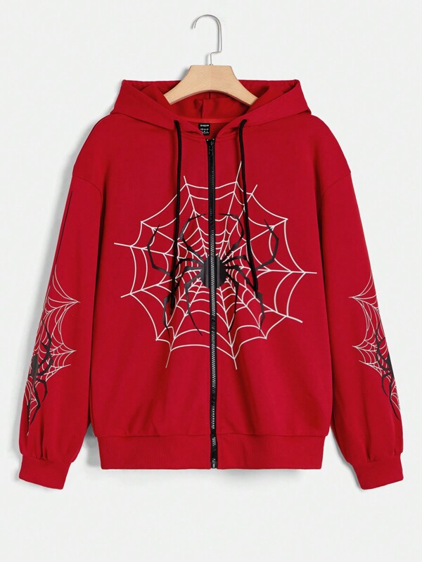 Halloween Spider Web Print Zip Up Drop Shoulder Drawstring Hoodie