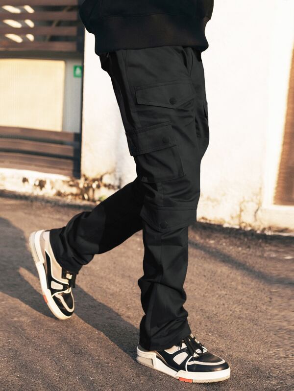 Men Flap Pocket Drawstring Waist Cargo Pants