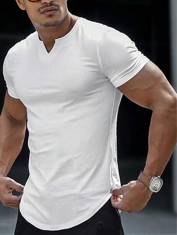 Men Solid Notched Neck Tee