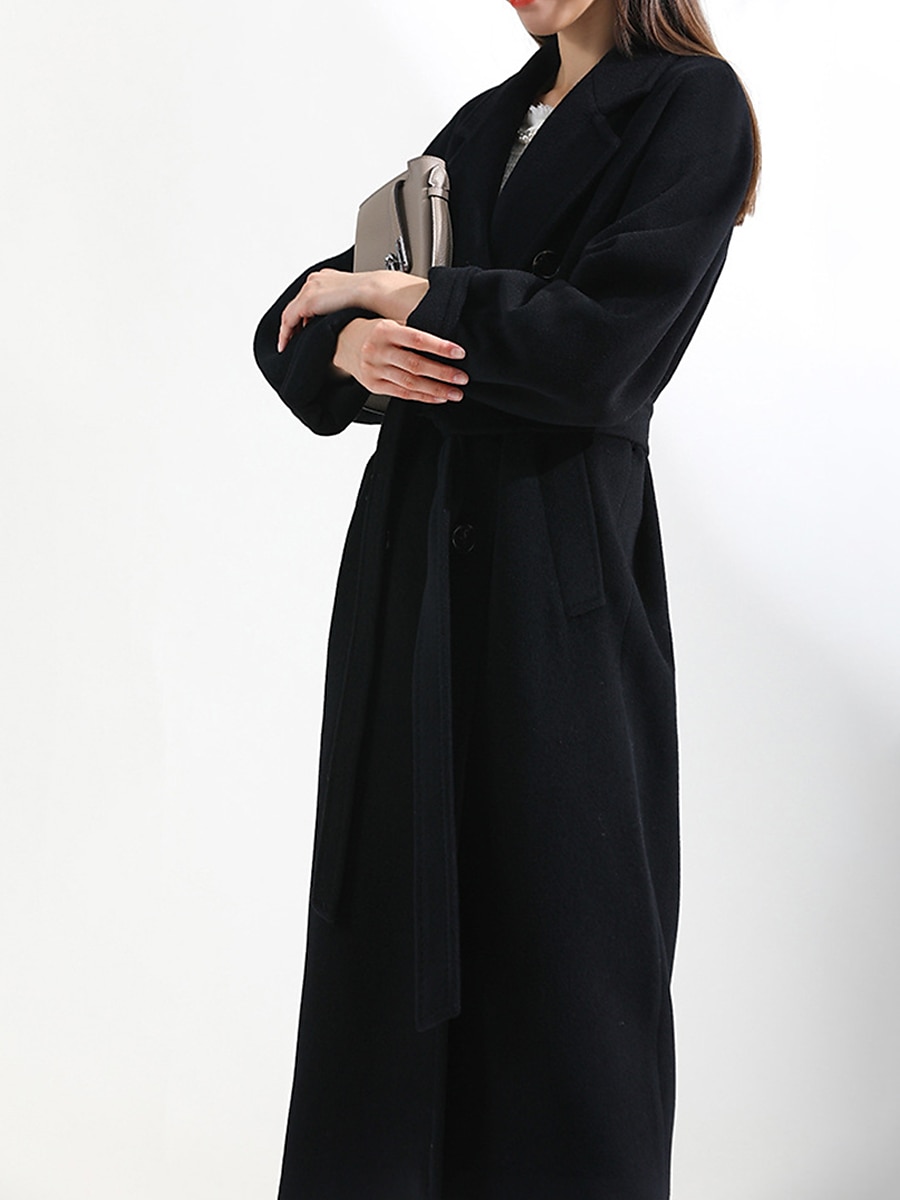 Women's Wool Blend Coat Winter Long Overcoat Double Breasted Notched Lapel Pea Coat Fall Windproof Warm Trench Coat Jacket with Pockets Oversized Fashion Daily Casual Street Outerwear Long Sleeve