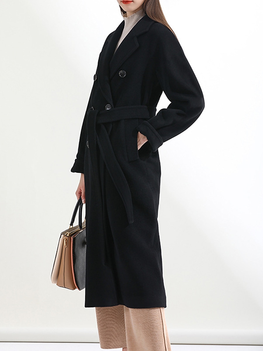 Women's Wool Blend Coat Winter Long Overcoat Double Breasted Notched Lapel Pea Coat Fall Windproof Warm Trench Coat Jacket with Pockets Oversized Fashion Daily Casual Street Outerwear Long Sleeve