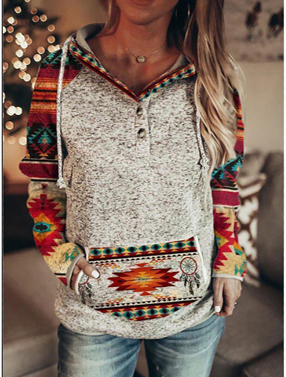 Women's Hoodie Sweatshirt Pullover Graphic Geometric Vintage Street Casual Button Drawstring Front Pocket Red Vintage Sports Ethnic Hoodie Long Sleeve Top Micro-elastic Fall & Winter