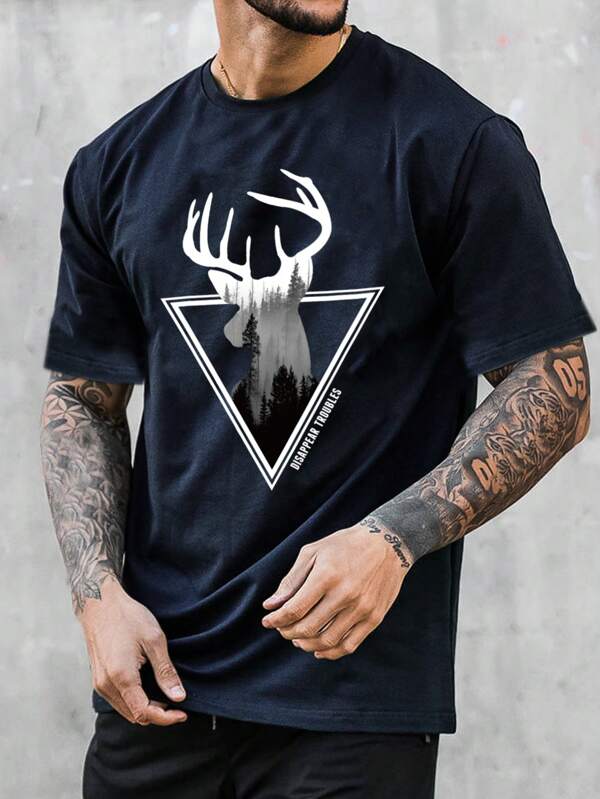 Men Deer & Geo Print Tee