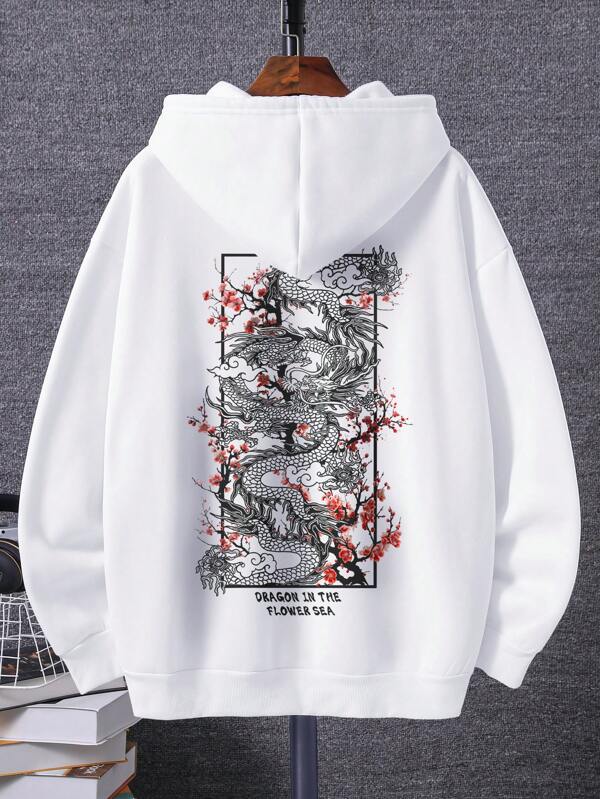 Men Plus Chinese Dragon & Slogan Graphic Drawstring Hoodie