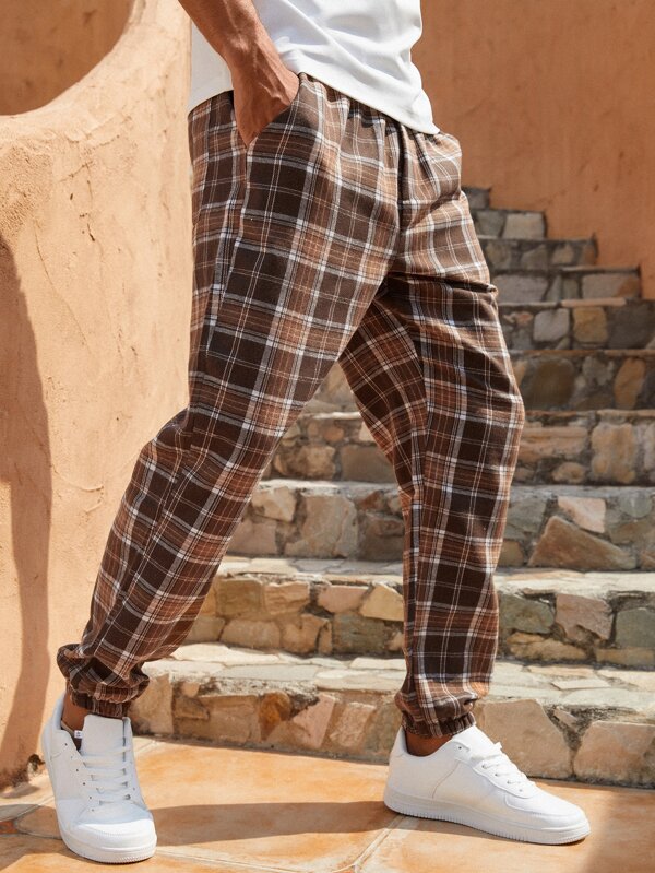 Men Cotton Plaid Print Drawstring Waist Pants
