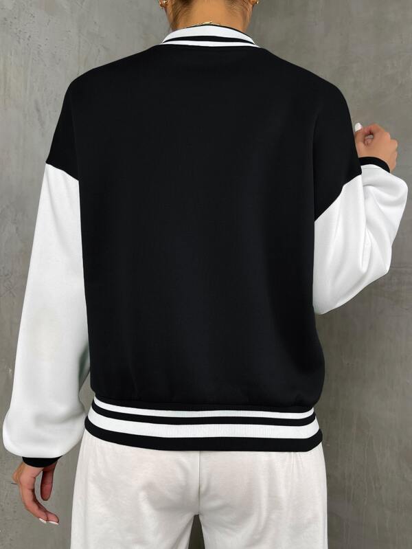 Letter Patched Striped Trim Drop Shoulder Varsity Jacket