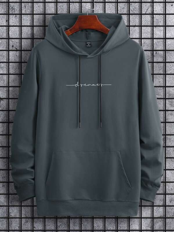 Men Letter Graphic Kangaroo Pocket Drawstring Hoodie