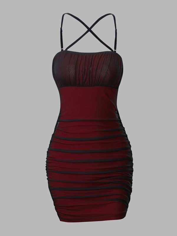 Contrast Mesh Crisscross Ruched Dress