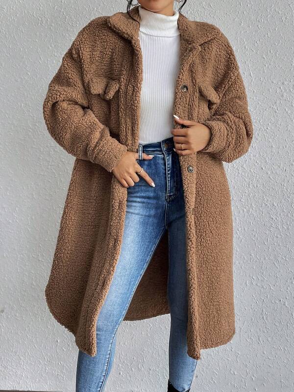 Drop Shoulder Flap Detail Teddy Coat