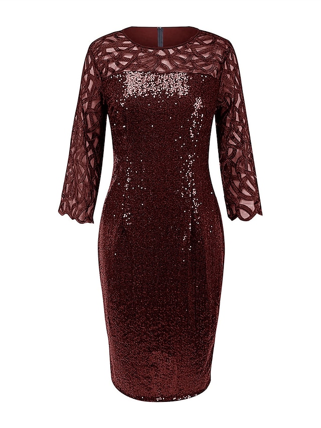 Women's Sequin Dress Party Dress Sparkly Dress Cocktail Dress Midi Dress Black Wine Dark Green 3/4 Length Sleeve Sparkly Glitter Spring Fall Winter Crew Neck Fashion Birthday