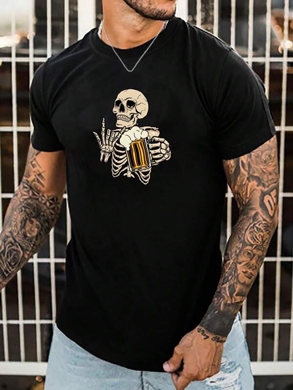 Men Cotton Skeleton Print Tee