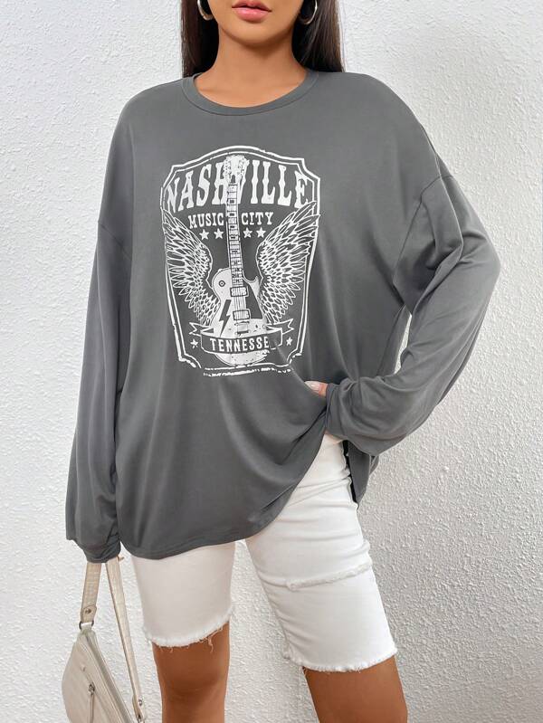 Letter & Wings Print Drop Shoulder Tee