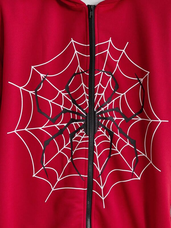 Men Spider Web Print Zip Up Hoodie Without Tee