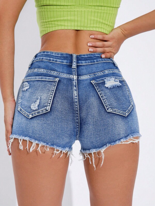 Ripped Raw Hem Denim Shorts