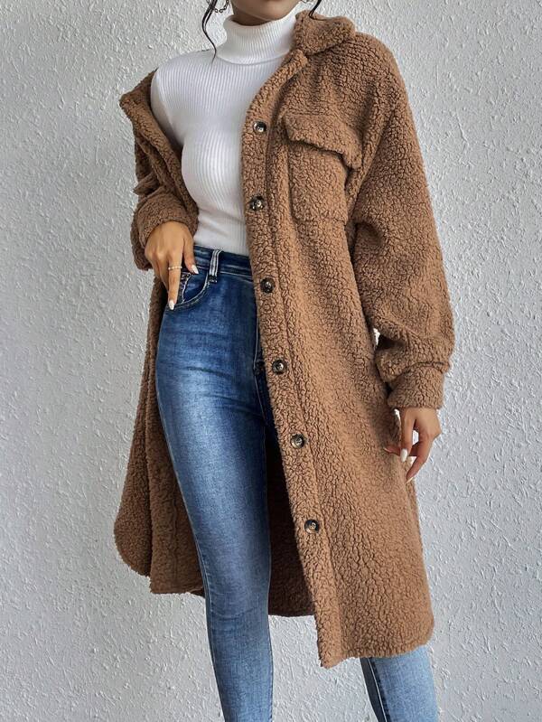Drop Shoulder Flap Detail Teddy Coat