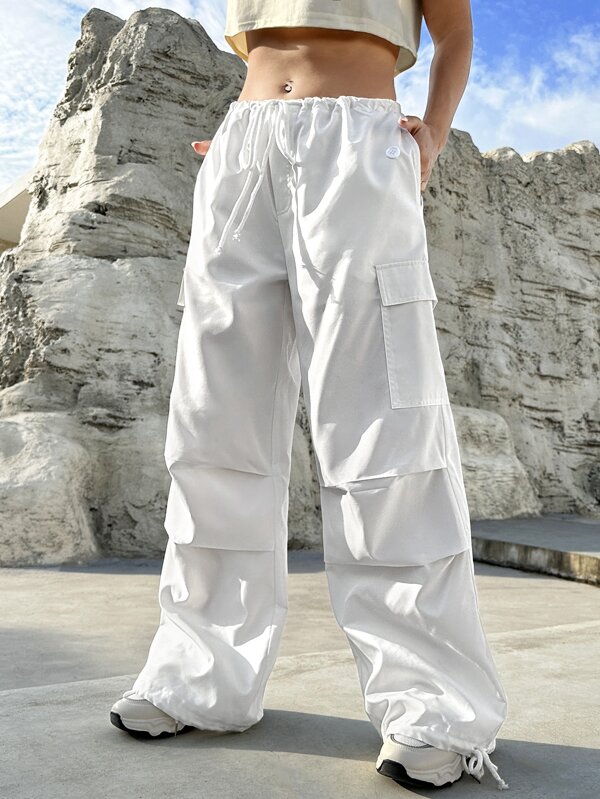 Flap Pocket Side Drawstring Waist Parachute Cargo Pants
