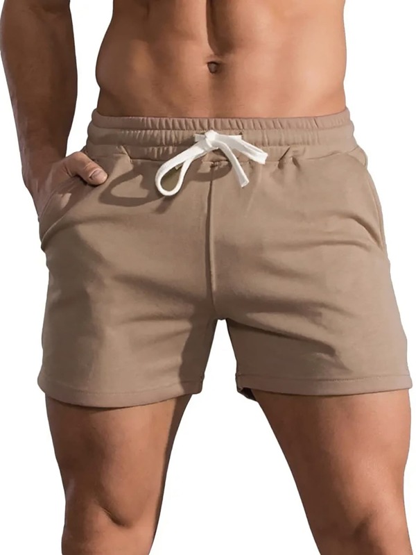 Men Solid Drawstring Waist Slant Pocket Shorts