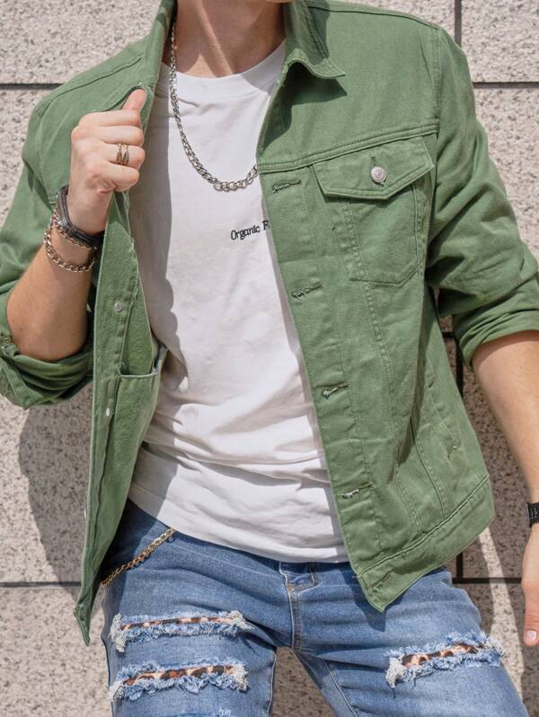 Men Solid Flap Pocket Denim Jacket