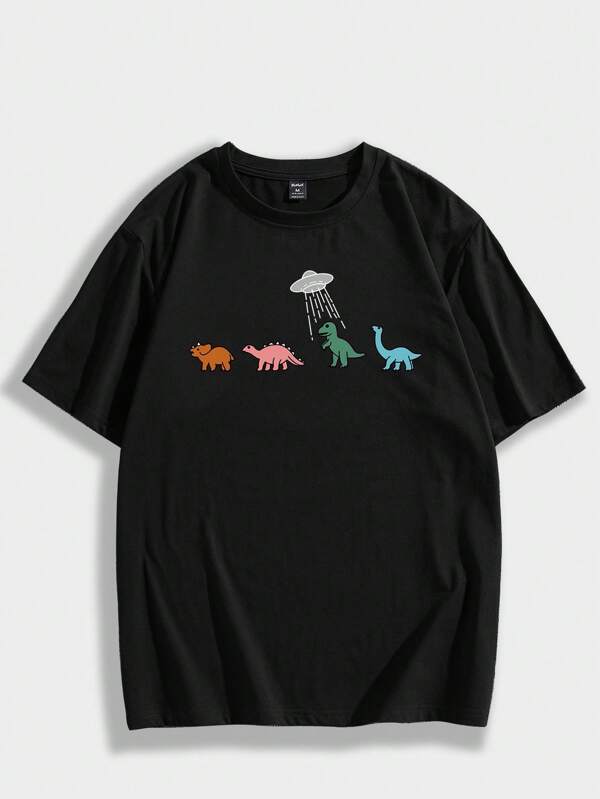 ROMWE Guys Cotton Cartoon Dinosaur Graphic Tee
