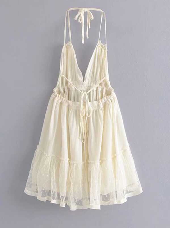 WYWH Dobby Mesh Self-Tie Ruffled Halter Dress