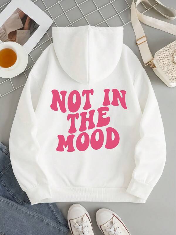 Slogan Graphic Kangaroo Pocket Drawstring Thermal Hoodie