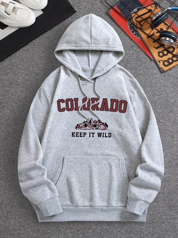 Men Letter Graphic Kangaroo Pocket Drawstring Thermal Hoodie