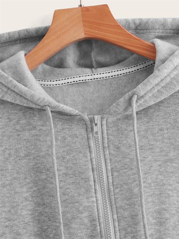 Zip Up Drop Shoulder Drawstring Thermal Lined Hoodie