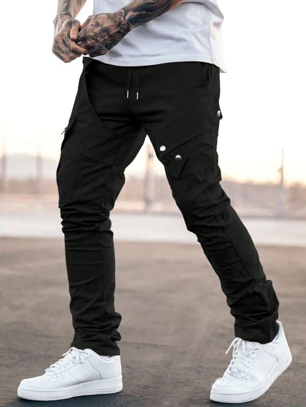 Men Flap Pocket Drawstring Waist Cargo Pants