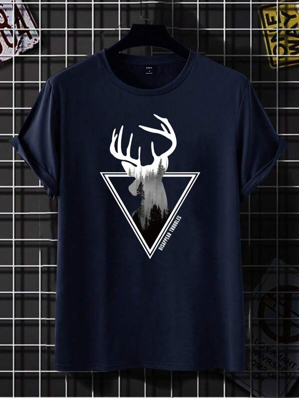 Men Deer & Geo Print Tee