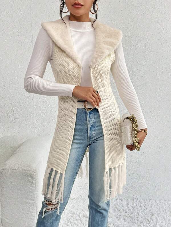 Fringe Trim Open Front Cardigan
