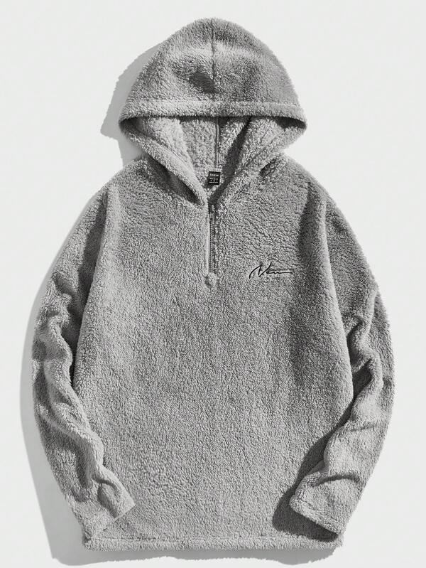 Men Letter Embroidery Half Zip Teddy Hoodie