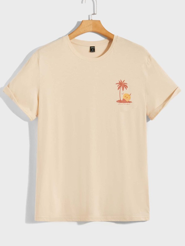 Chillmode Men Cotton Coconut Tree & Letter Graphic Tee