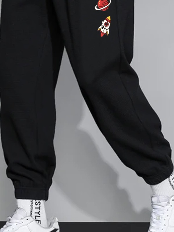 Men Rocket & Spaceman Print Drawstring Sweatpants