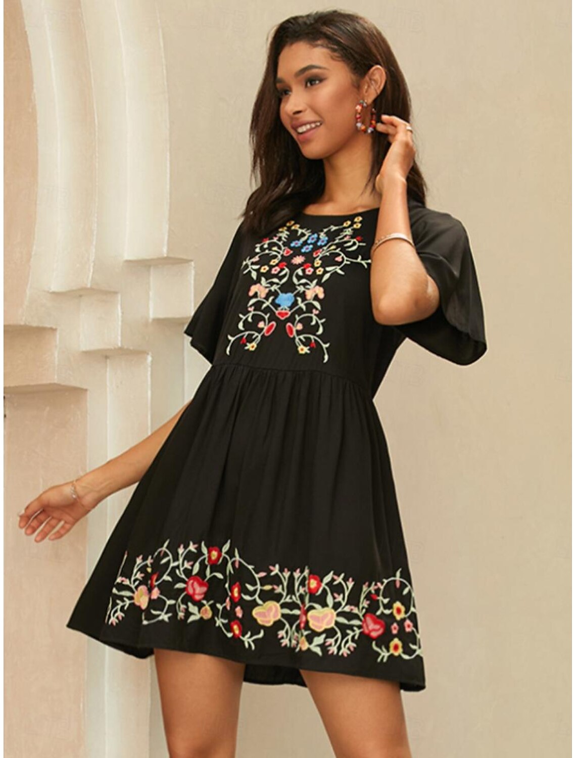Women's Embroidered Black Dress Mini Dress Floral Crew Neck Short Sleeve Summer Spring Black
