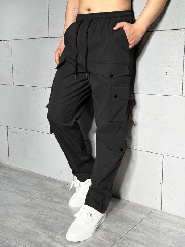 Men Flap Pocket Drawstring Waist Cargo Pants