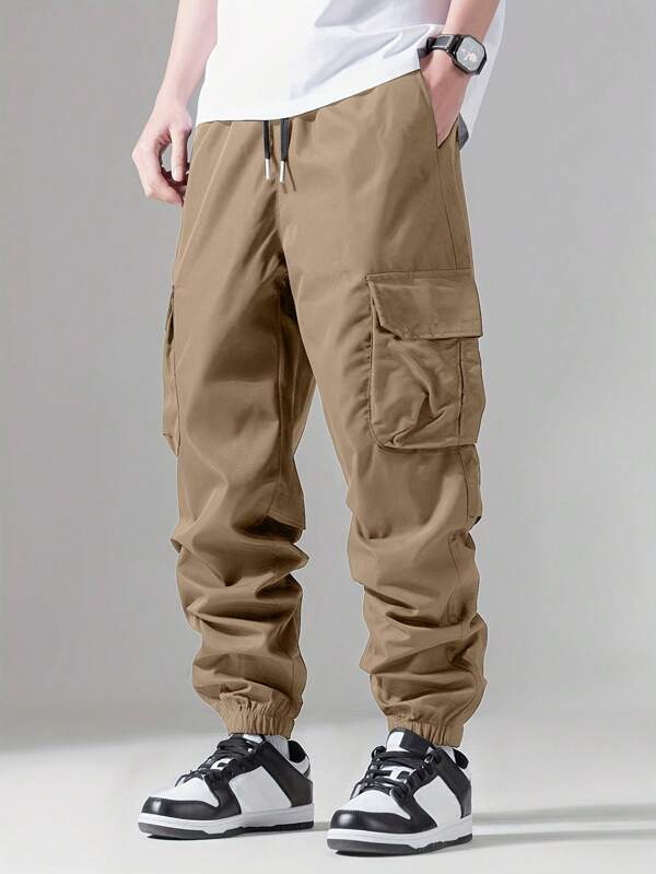 Men Flap Pocket Side Drawstring Waist Cargo Pants