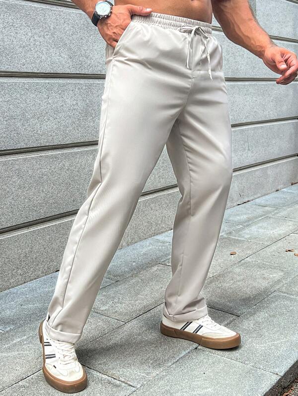 Men Drawstring Waist Slant Pocket Pants