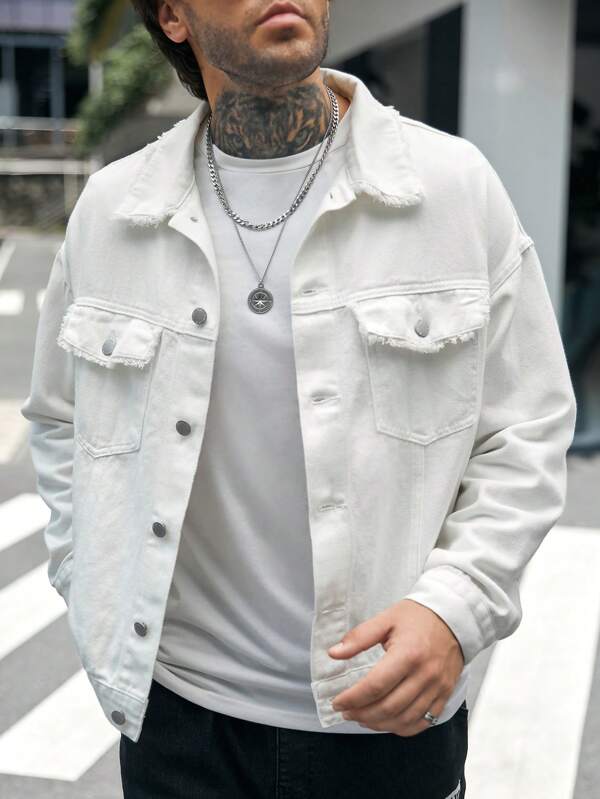 Men Flap Pocket Drop Shoulder Denim Jacket