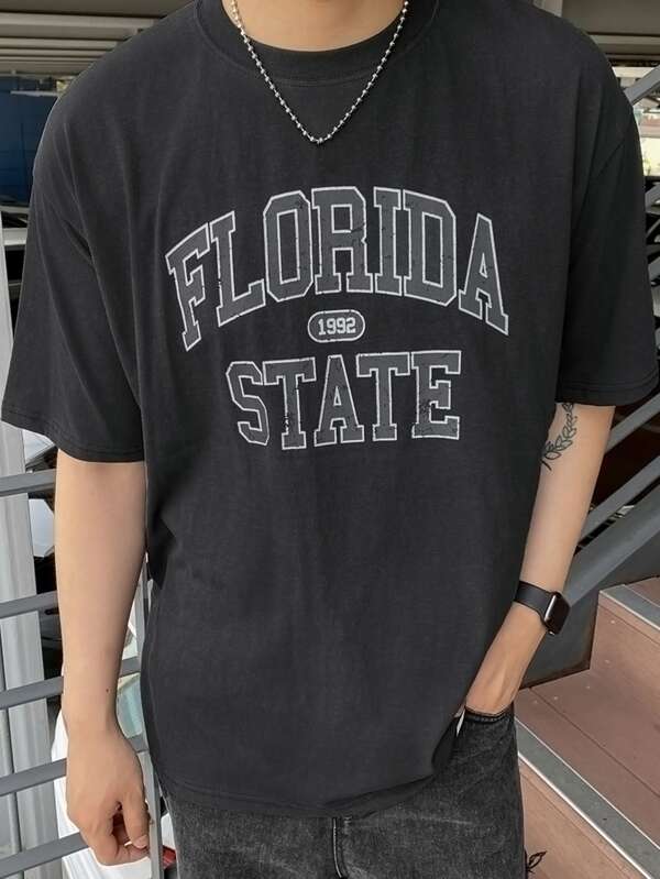 Men Cotton Letter Graphic Drop Shoulder Tee