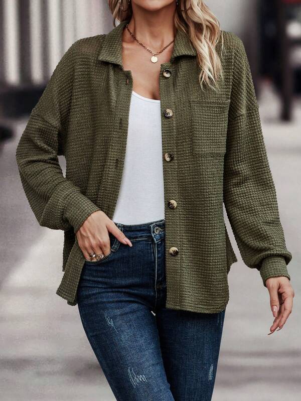 Drop Shoulder Pocket Patched Button Front Coat