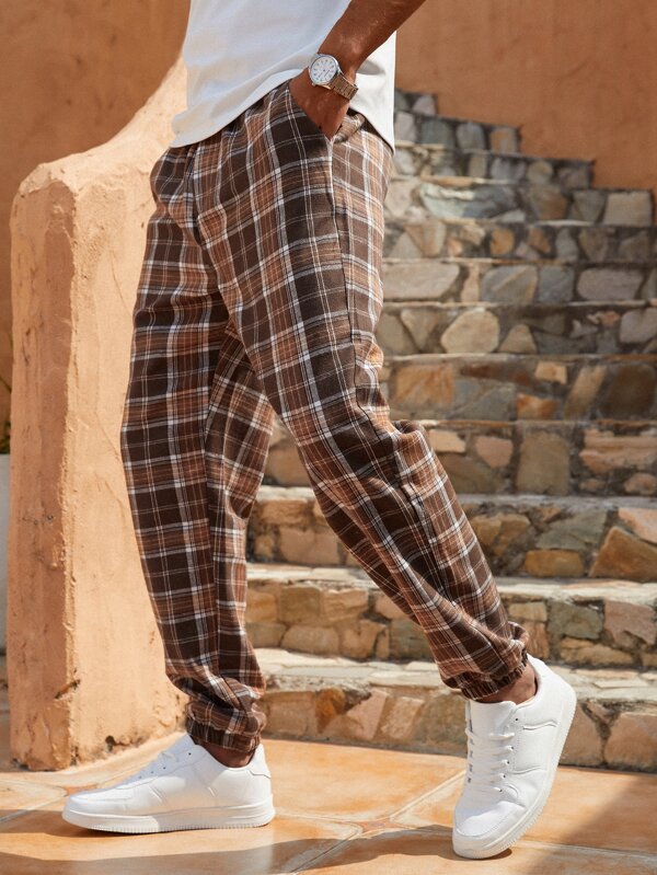 Men Cotton Plaid Print Drawstring Waist Pants