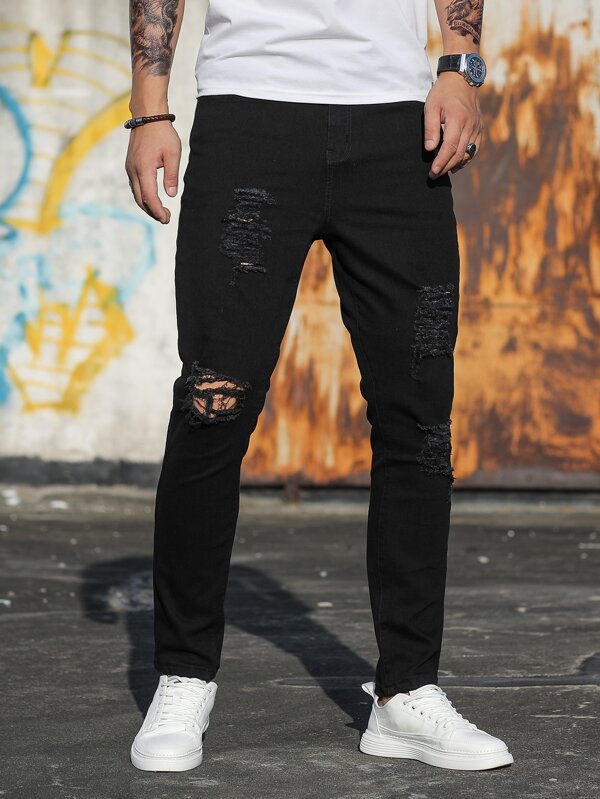 Men Cotton Ripped Frayed Skinny Jeans