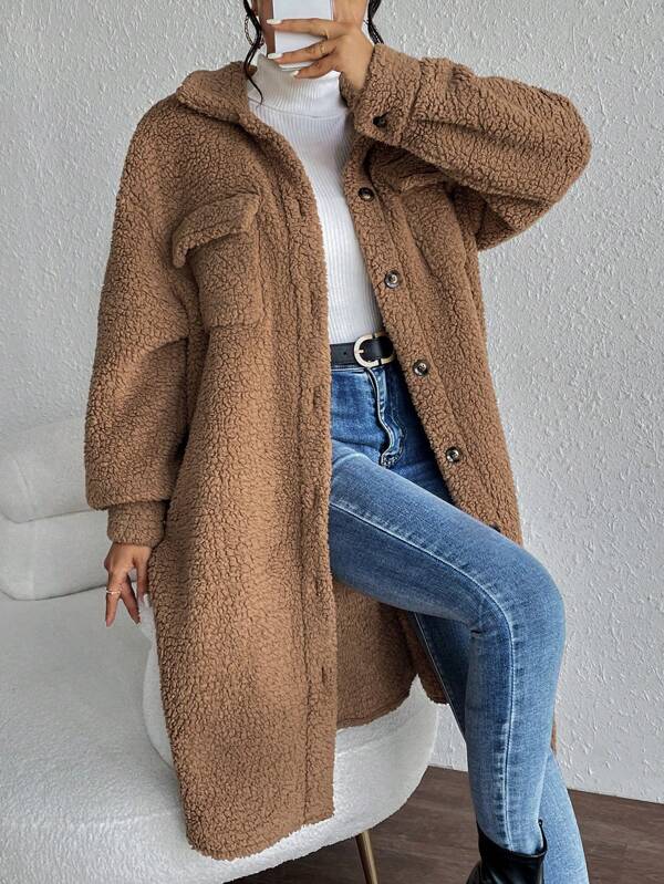 Drop Shoulder Flap Detail Teddy Coat