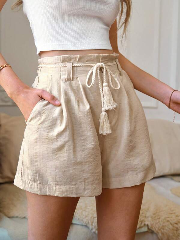 Frenchy Tassel Tie Paperbag Waist Belted Shorts