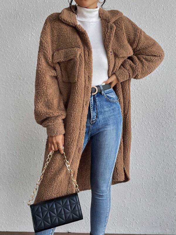 Drop Shoulder Flap Detail Teddy Coat