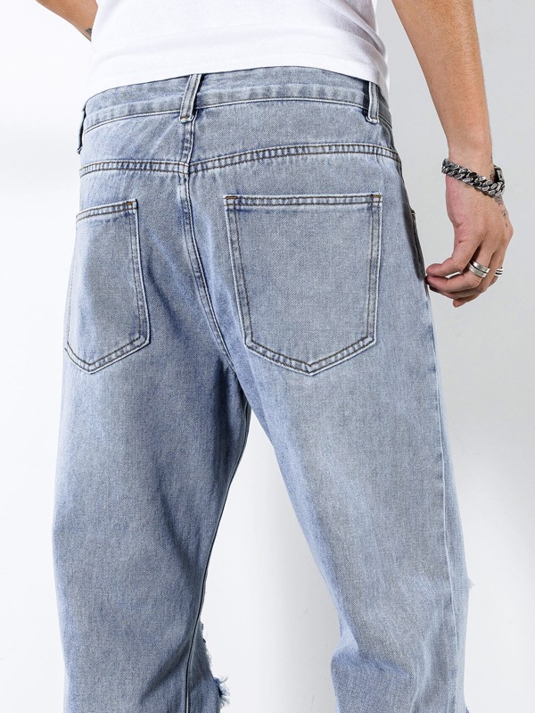 Men Cotton Slogan Graphic Ripped Frayed Straight Leg Jeans