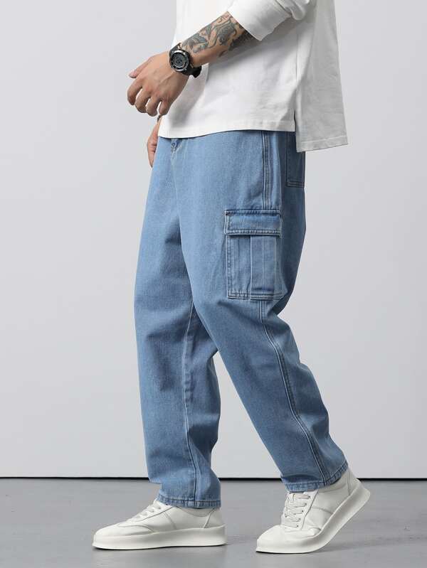 Men Cotton Flap Pocket Cargo Jeans