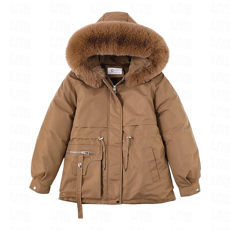 Women's Puffer Jacket Winter Fleece Parka with Collar Drawstring Zipper Coat Windproof Warm Hoodie Jacket with Pockets Fashion Street Outerwear Brown Black Khaki