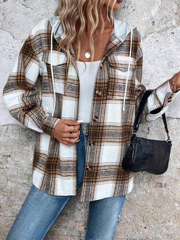 Plaid Print Drop Shoulder Drawstring Hooded Coat